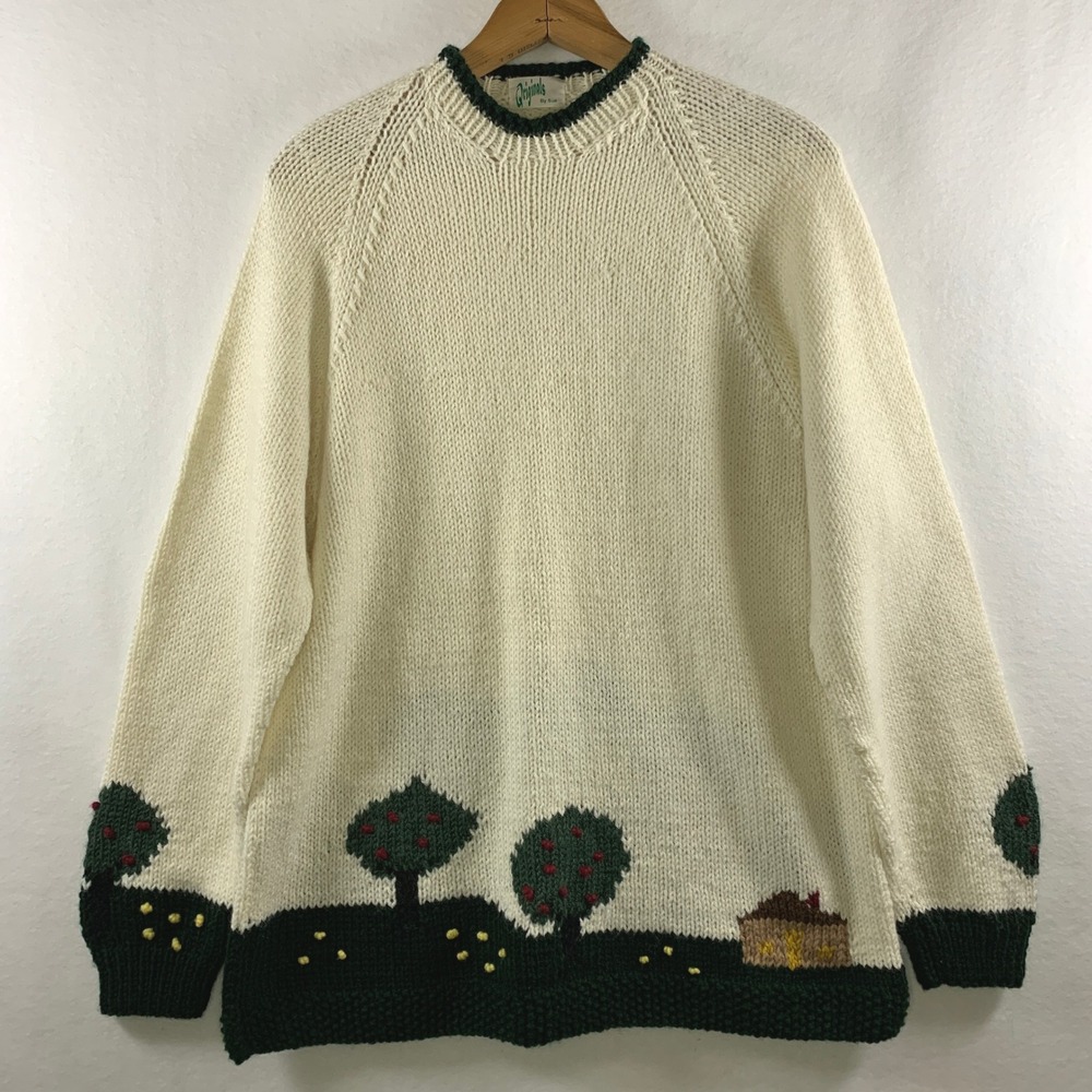 Vintage Hand Knit Womens Novetly Sweater Size M Ivory Folk Art Cottage Teacher